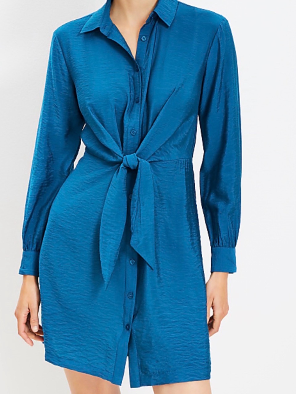 LOFT Teal Button-Front Tie-Waist Shirt Dress